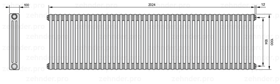 Схема (чертеж) Радиатор Zehnder Charleston 3100/44 №7610 Белый глянцевый RAL 9016